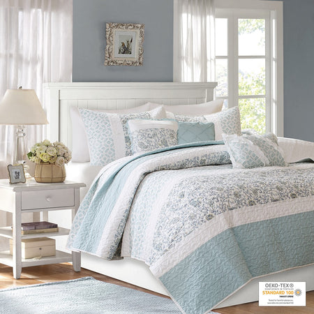 Madison Park Dawn 6 Piece Cotton Percale Quilt Set with Throw Pillows - Blue - King Size / Cal King Size