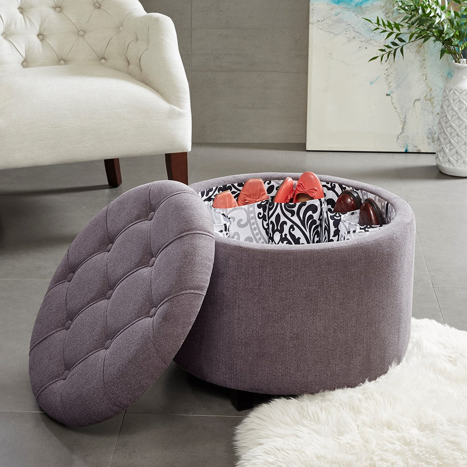 Madison Park Sasha Round Ottoman with Shoe Holder Insert - Grey 