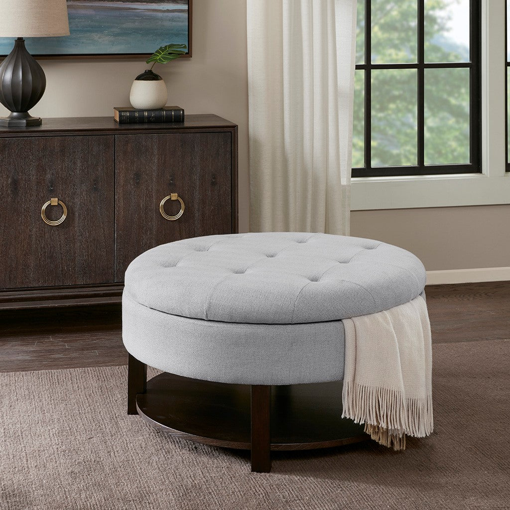 Madison Park Miller Round Storage Ottoman - Light Grey / Brown 