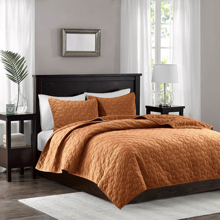 Madison Park Harper 3 Piece Velvet Quilt Set - Rust - King Size / Cal King Size