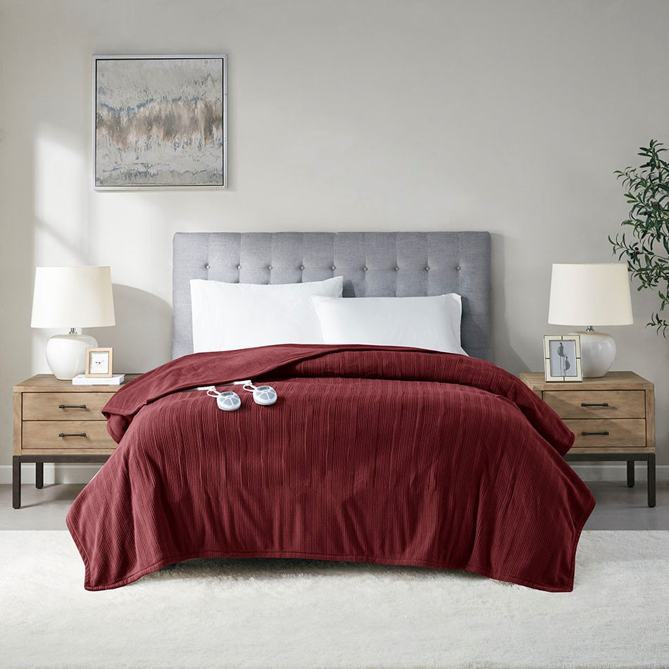 Serta Ribbed Micro Fleece Heated Blanket - Burgundy - King Size