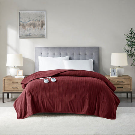 Serta Ribbed Micro Fleece Heated Blanket - Burgundy - Full Size