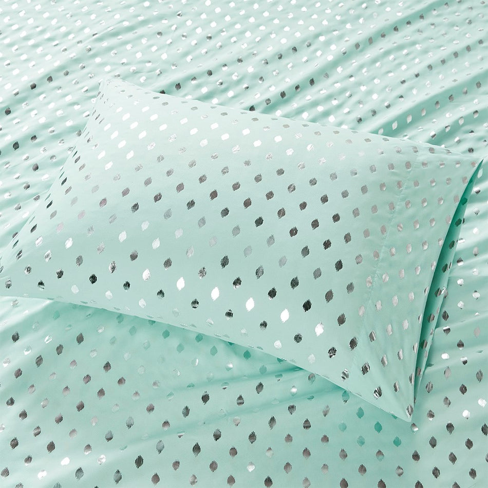 Metallic Dot Printed Sheet Set - Aqua / Silver - Twin Size