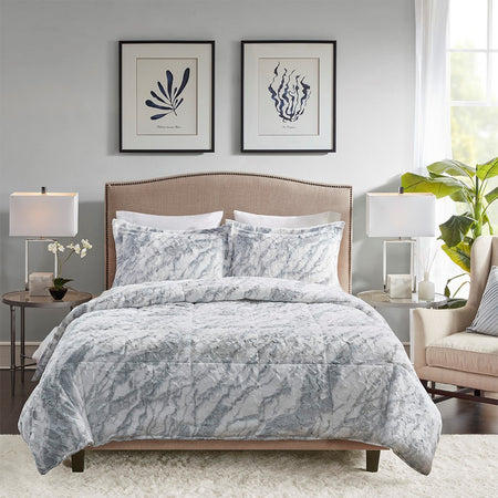 Madison Park Lana Marble Faux Fur Comforter Set - Grey / Blue  - King Size Shop Online & Save - expresshomedirectr.com