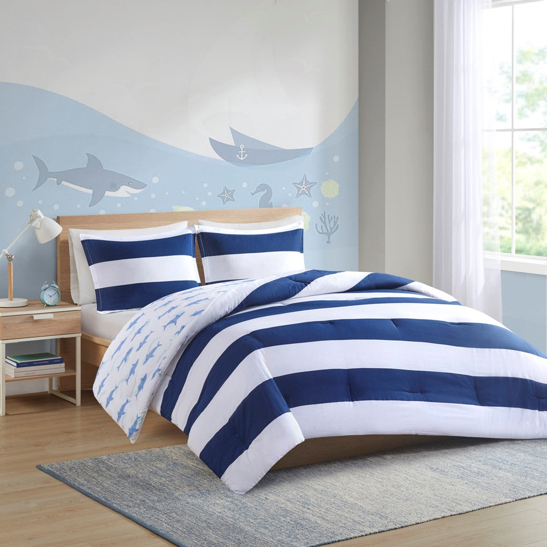 Urban Habitat Kids Sammie Cotton Cabana Stripe Reversible Comforter Set with Shark Reverse - Navy - Full Size / Queen Size