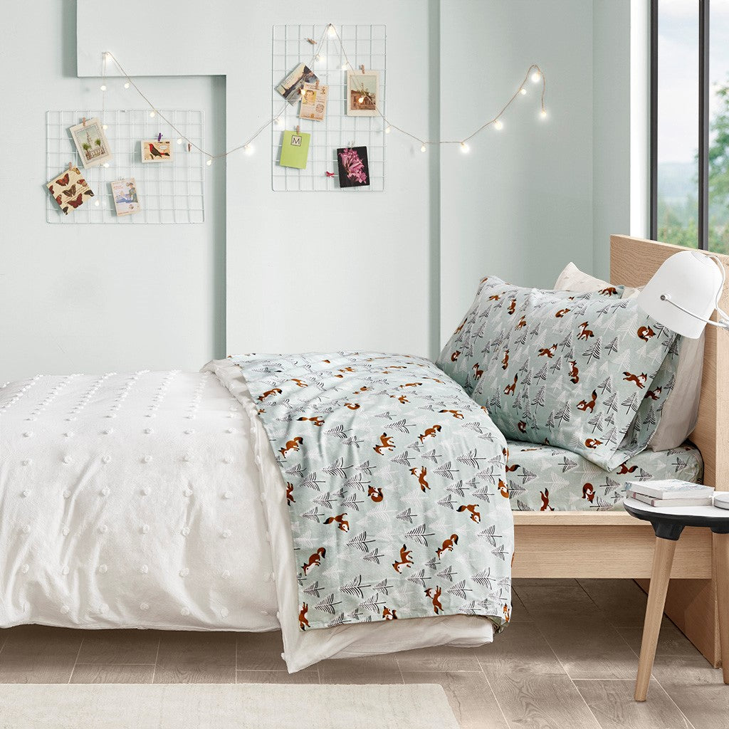 Intelligent Design  Cozy Soft Cotton Flannel Printed Sheet Set - Seafoam Foxes  - Twin XL Size Shop Online & Save - expresshomedirectr.com