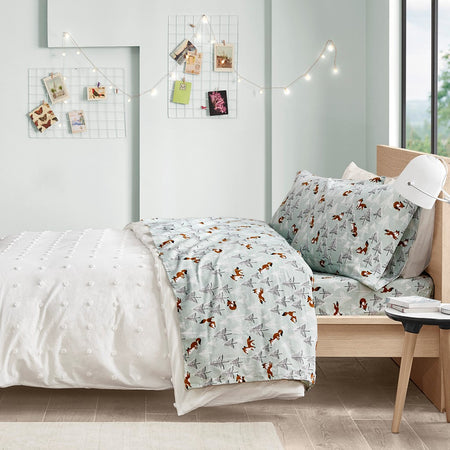 Intelligent Design  Cozy Soft Cotton Flannel Printed Sheet Set - Seafoam Foxes  - Twin Size Shop Online & Save - expresshomedirectr.com