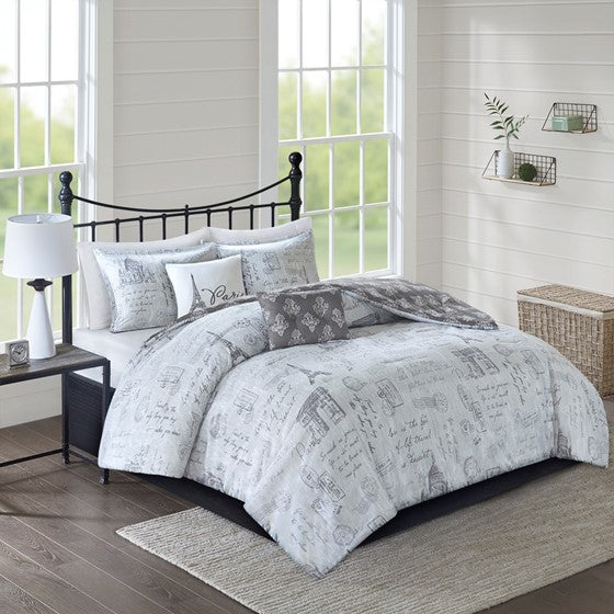 Marseille 5-Piece Reversible Paris Printed Comforter Set - Gray / Charcoal - Full Size / Queen Size