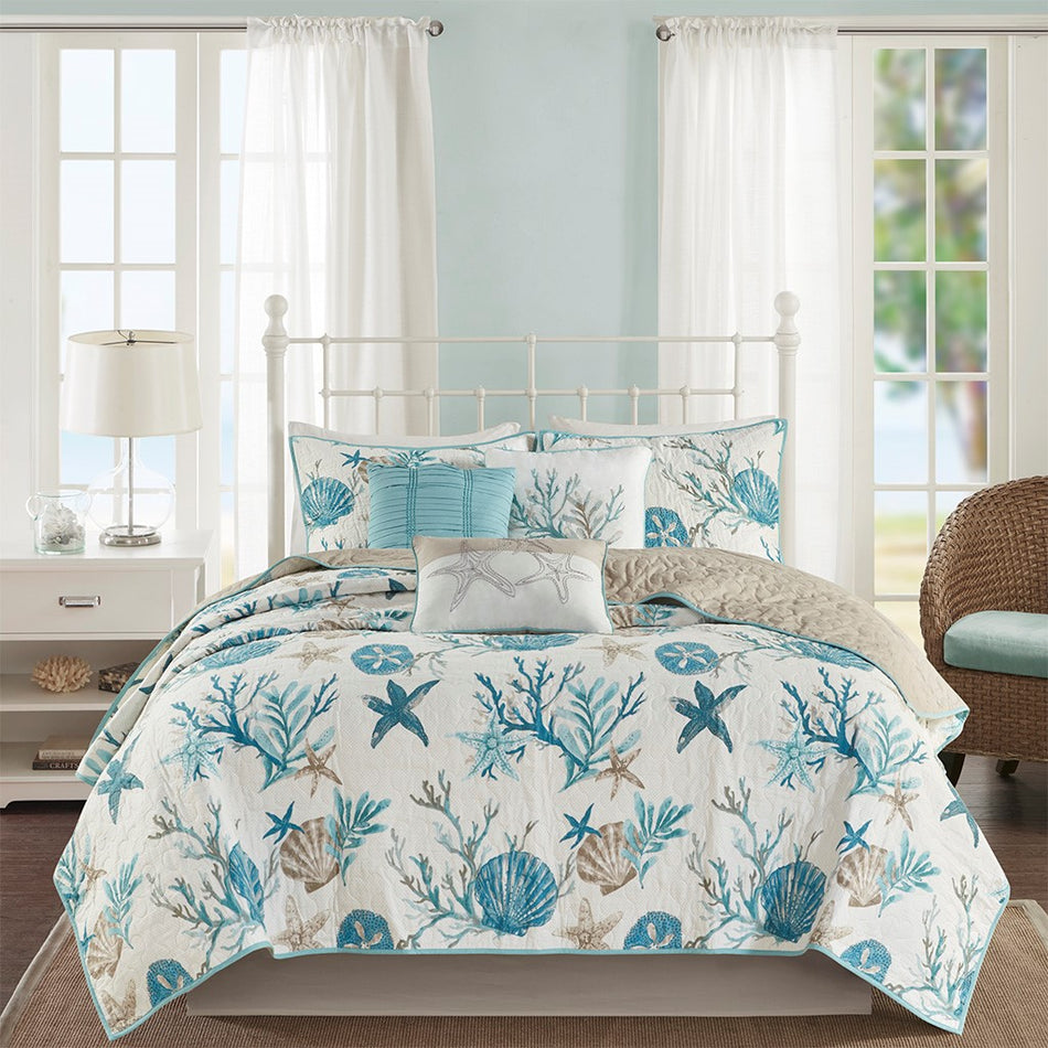 Pebble Beach 6 Piece Cotton Sateen Quilt Set with Throw Pillows - Aqua - King Size / Cal King Size