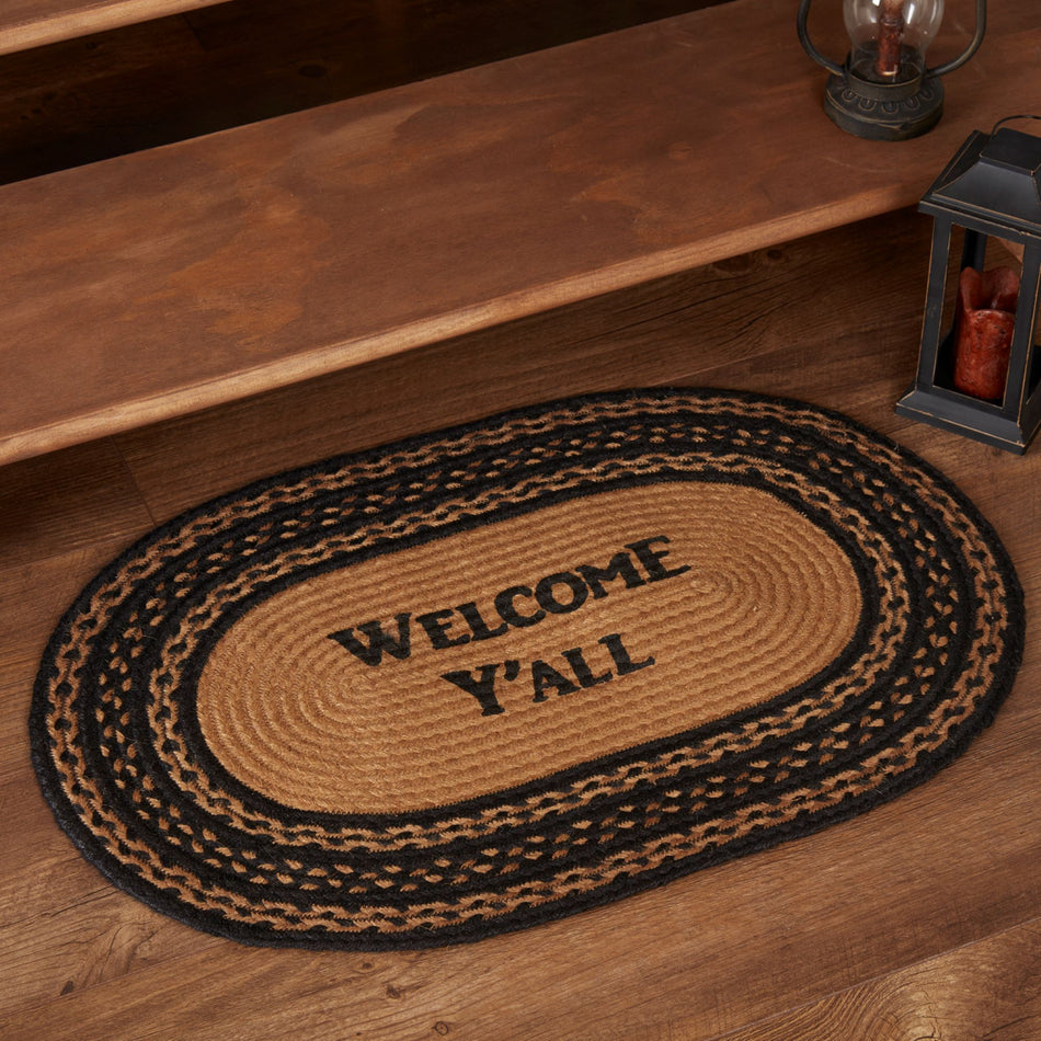 Farmhouse Jute Rug Oval Stencil Welcome Y'all w/ Pad 20x30