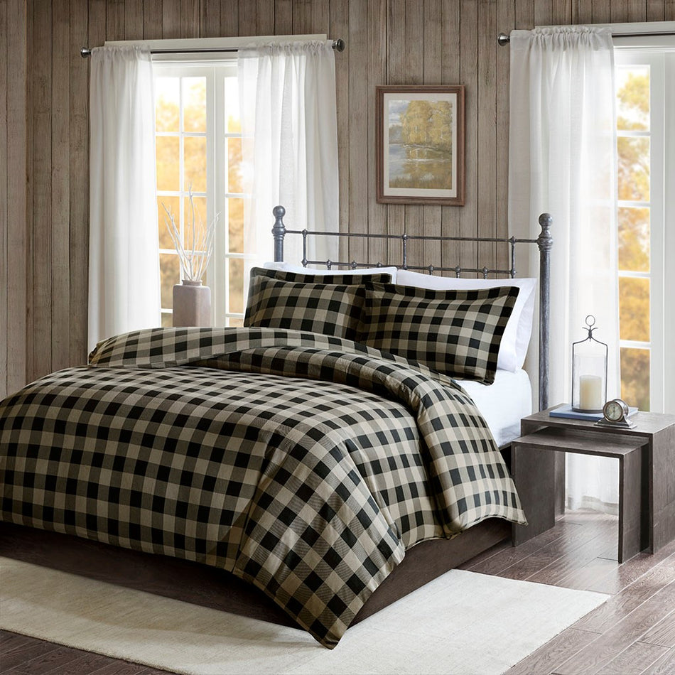 Woolrich Flannel Check Print Cotton Duvet Cover Set - Black / Tan - King Size / Cal King Size