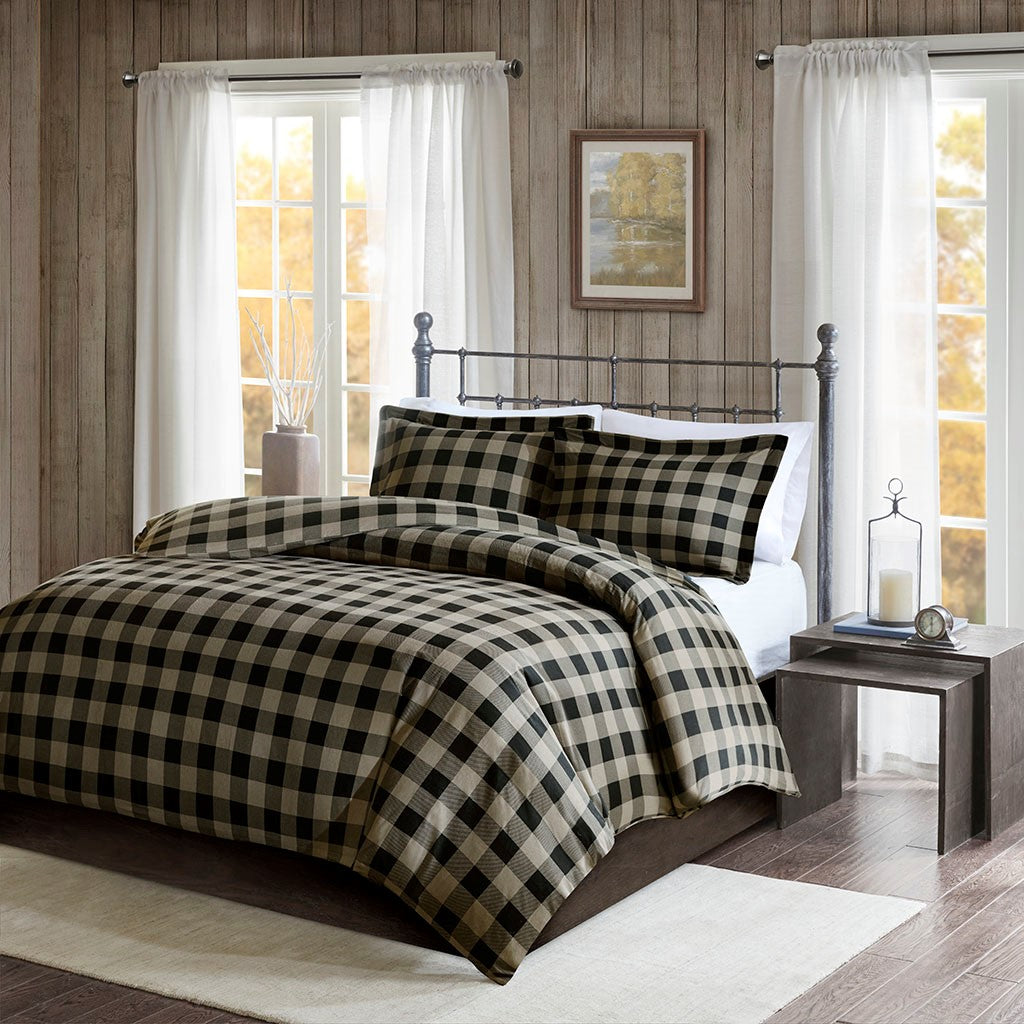 Woolrich Flannel Check Print Cotton Duvet Cover Set - Black / Tan - Full Size / Queen Size