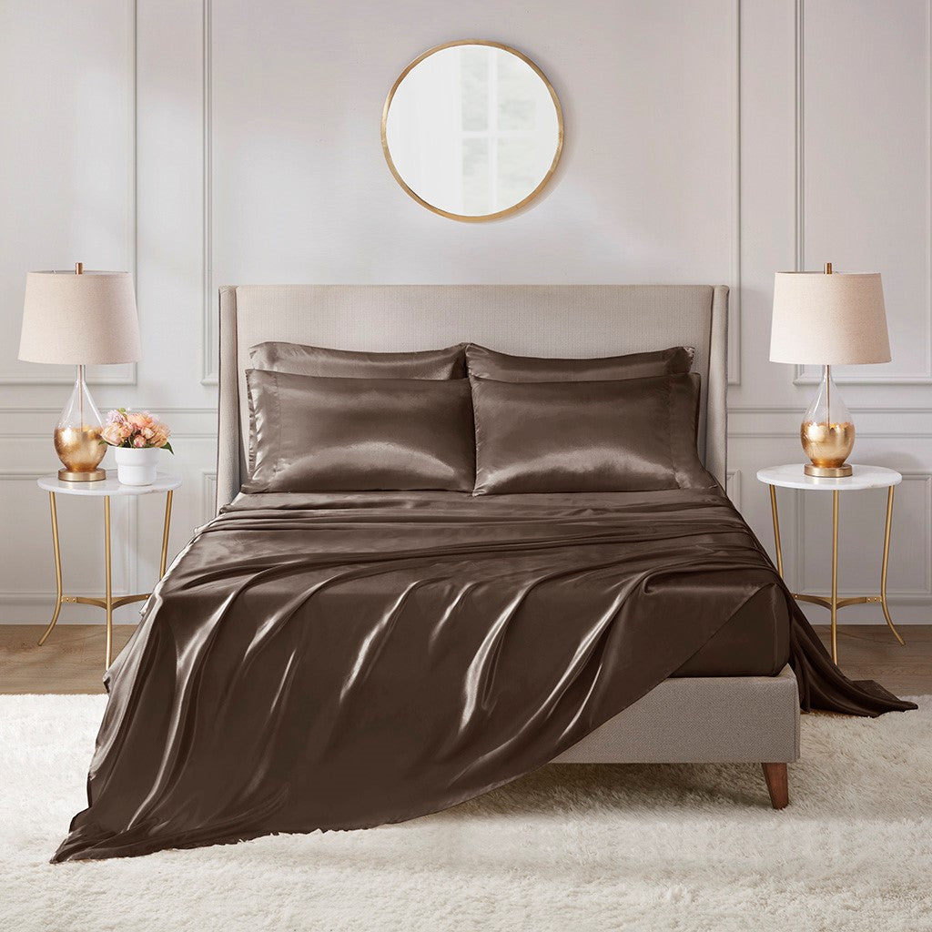 Madison Park Essentials Satin Luxury 6 PC Sheet Set - Chocolate - Full Size