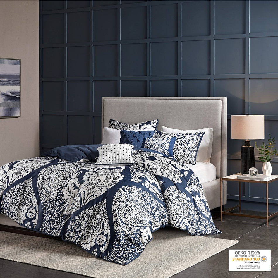 Madison Park Vienna 6 Piece Printed Duvet Cover Set - Indigo - Full Size / Queen Size