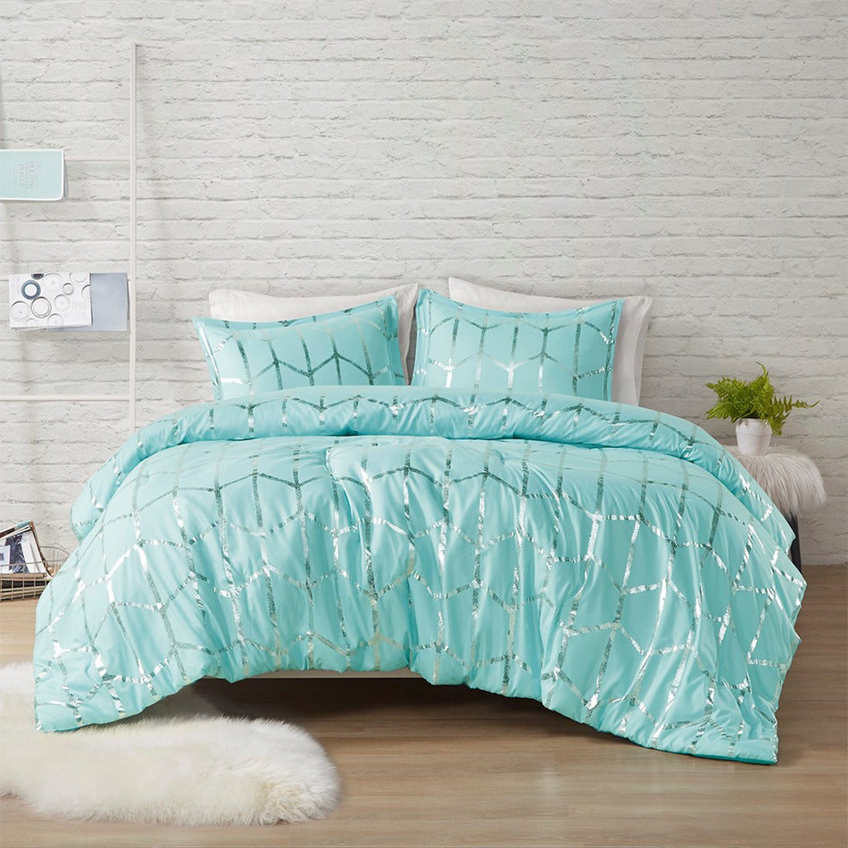 Raina Metallic Printed Comforter and Sham Set - Aqua / Silver - Twin Size / Twin XL Size