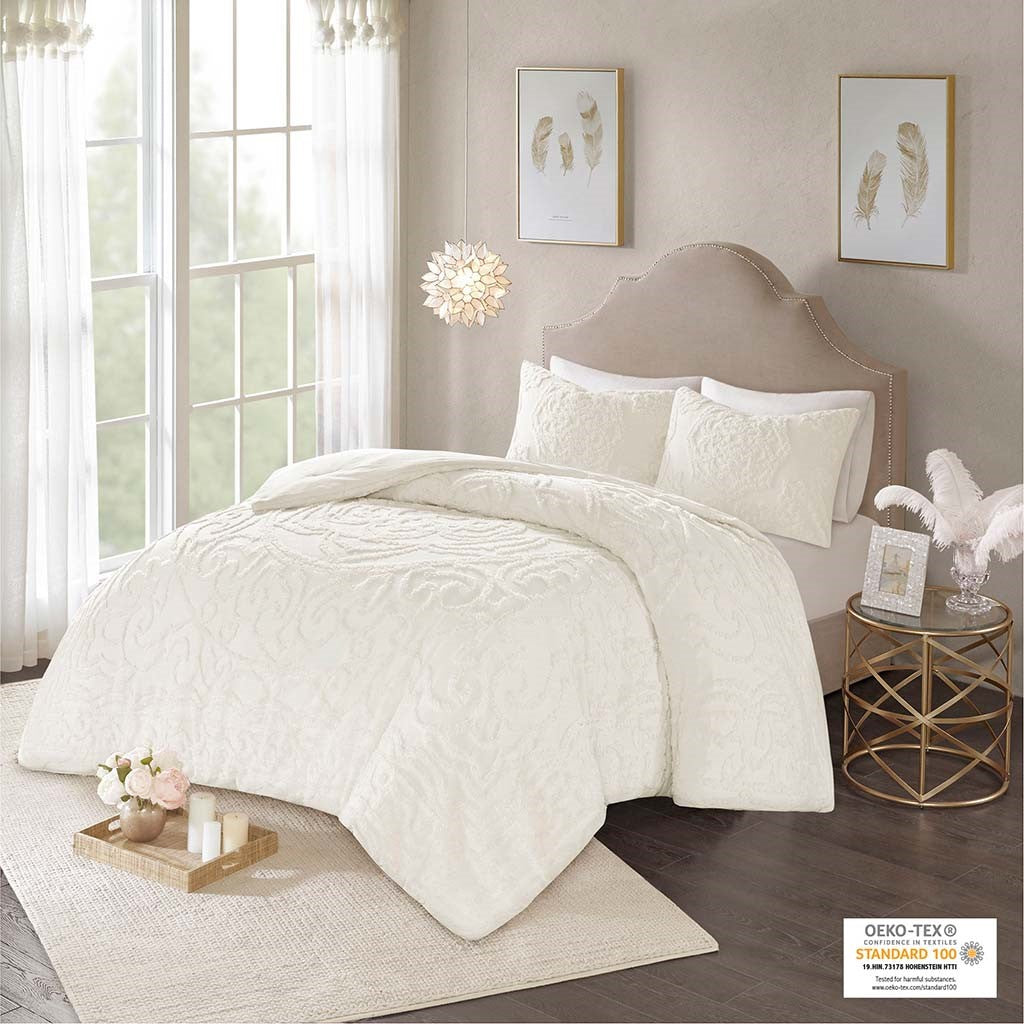 Madison Park Laetitia 3-Piece Tufted Cotton Chenille Medallion Comforter Set - Off White - King Size / Cal King Size