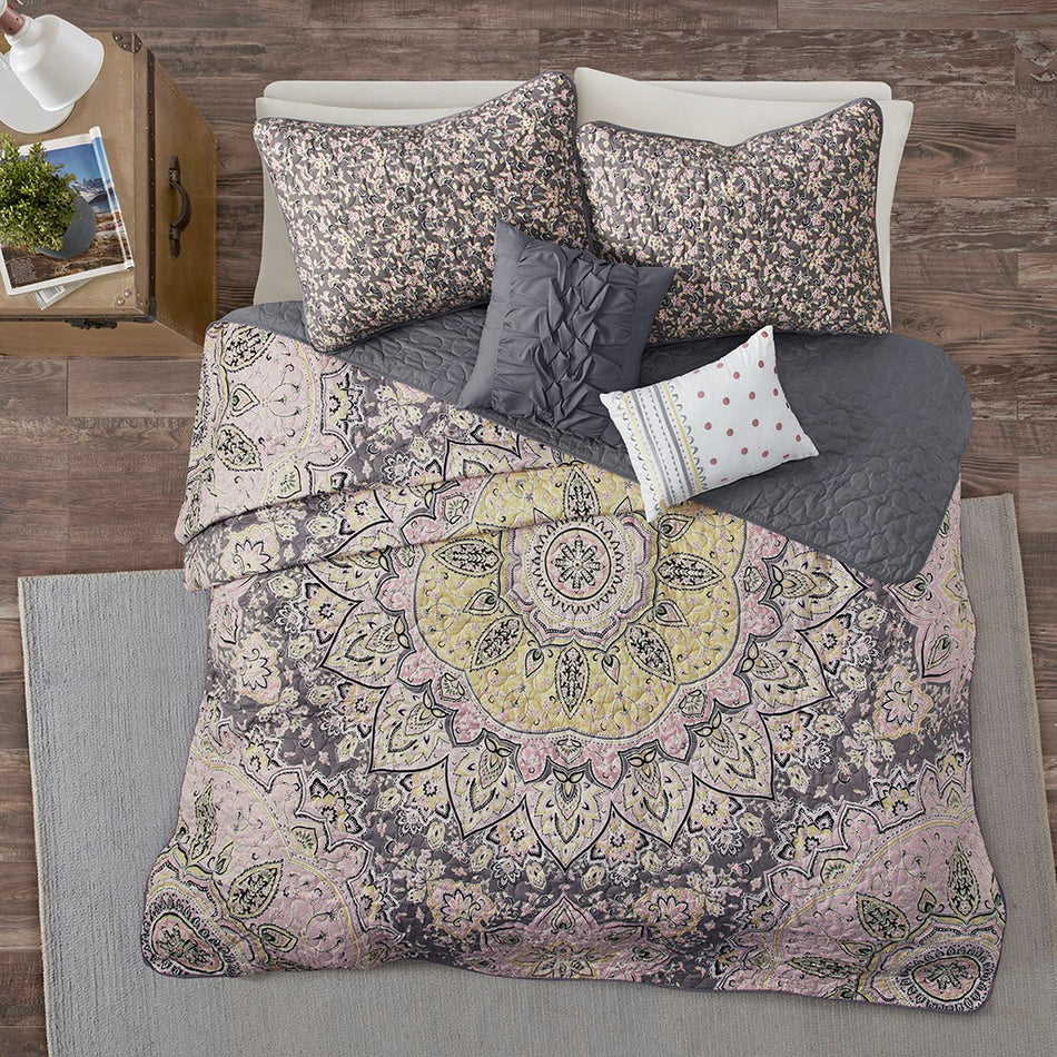 Odette Boho Reversible Coverlet Set - Pink / Grey - Twin Size / Twin XL Size