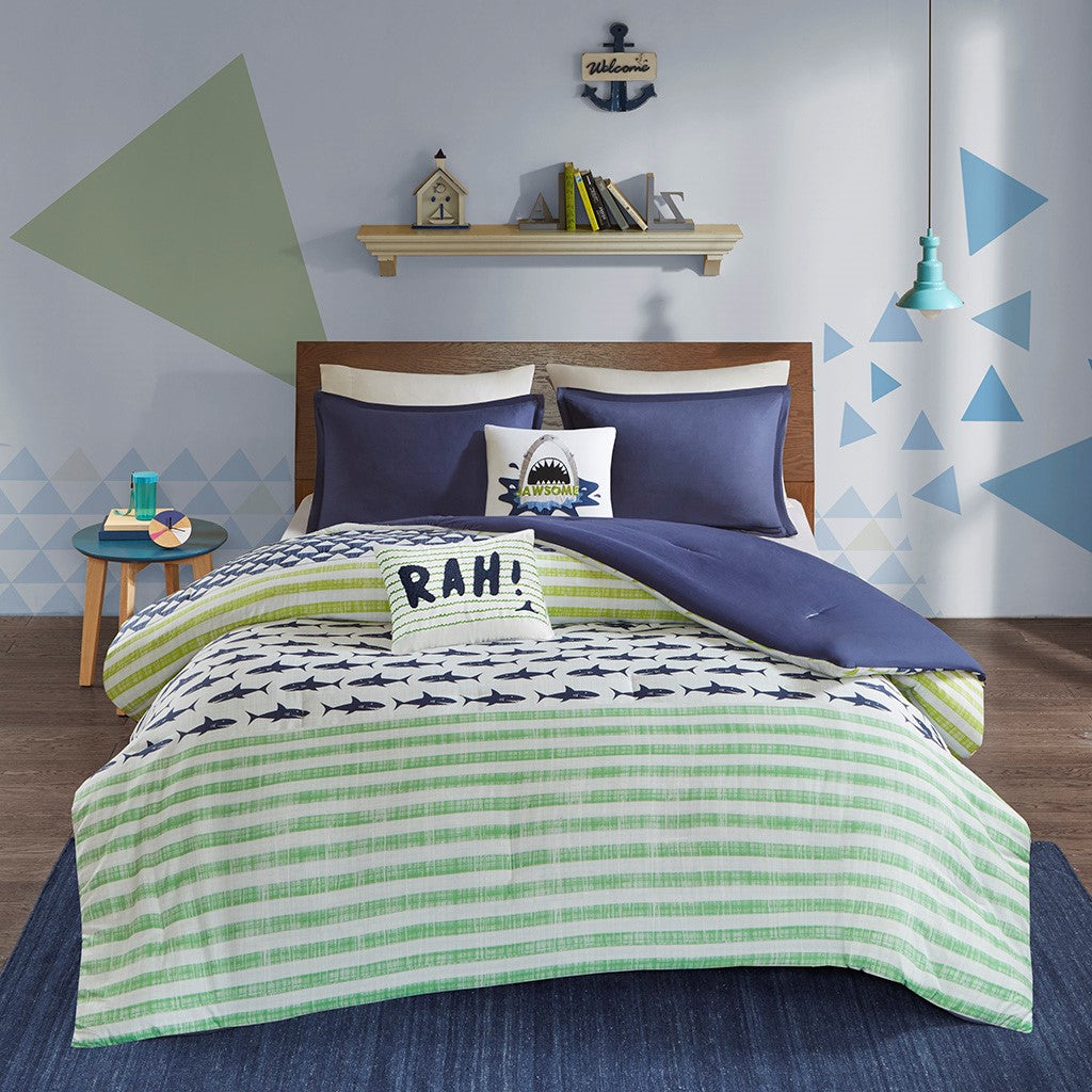 Urban Habitat Kids Finn Shark Cotton Comforter Set - Green  /  Navy  - Full Size / Queen Size Shop Online & Save - expresshomedirectr.com