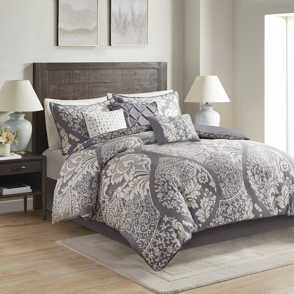 Madison Park Vienna 7 Piece Cotton Printed Comforter Set - Grey - King Size