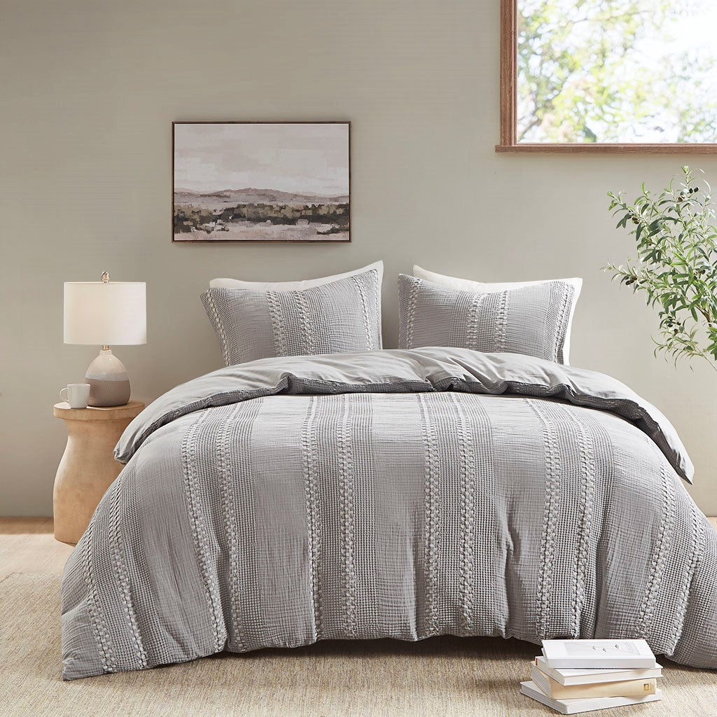 Urban Habitat Darby 3 Piece Cotton Gauze Waffle Weave Comforter Set - Grey  - King Size / Cal King Size Shop Online & Save - expresshomedirectr.com