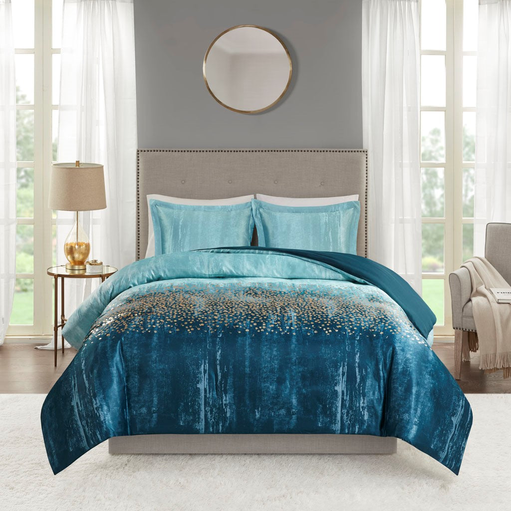 Madison Park Midnight Garden 3 Piece Metallic Print Duvet Set - Navy  - Full Size / Queen Size Shop Online & Save - expresshomedirectr.com