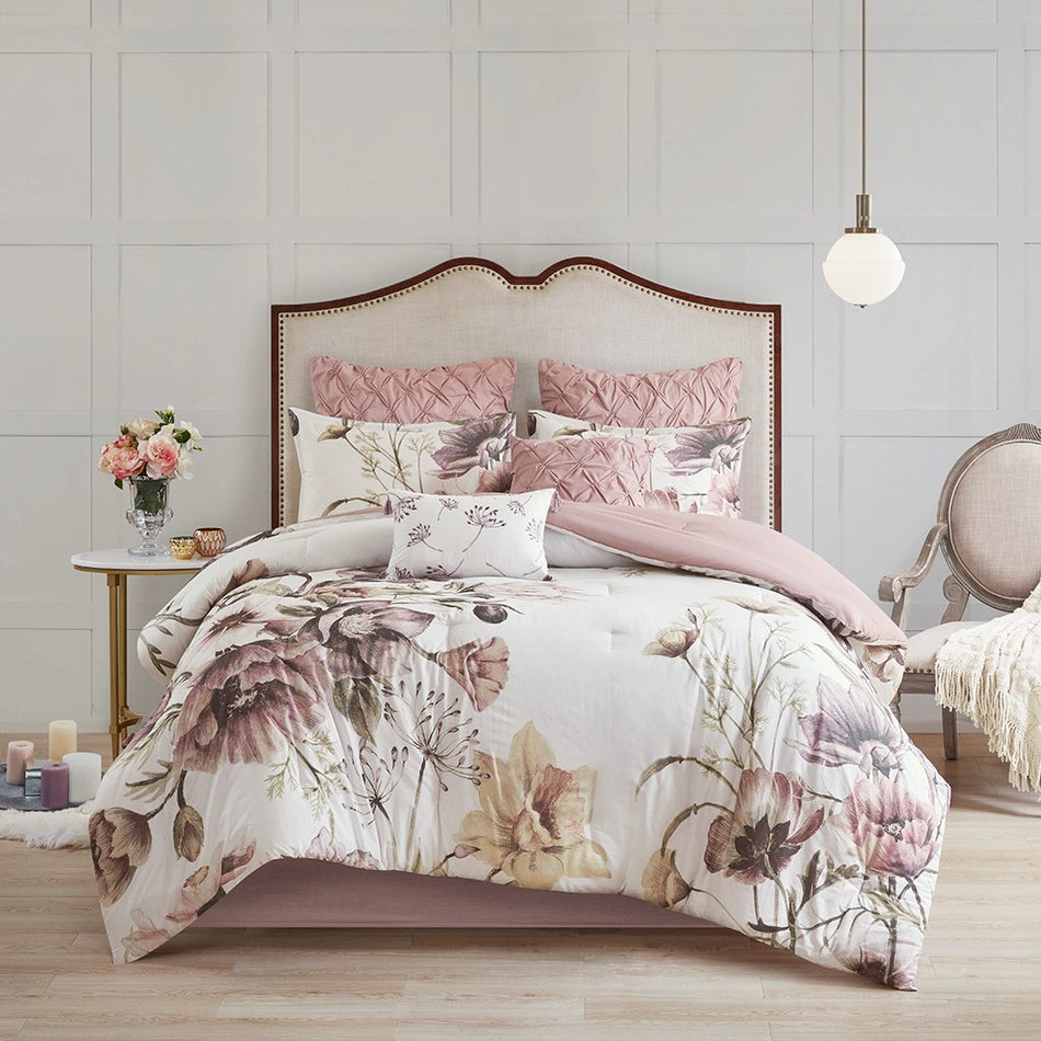 Cassandra 8 Piece Cotton Printed Comforter Set - Blush - King Size