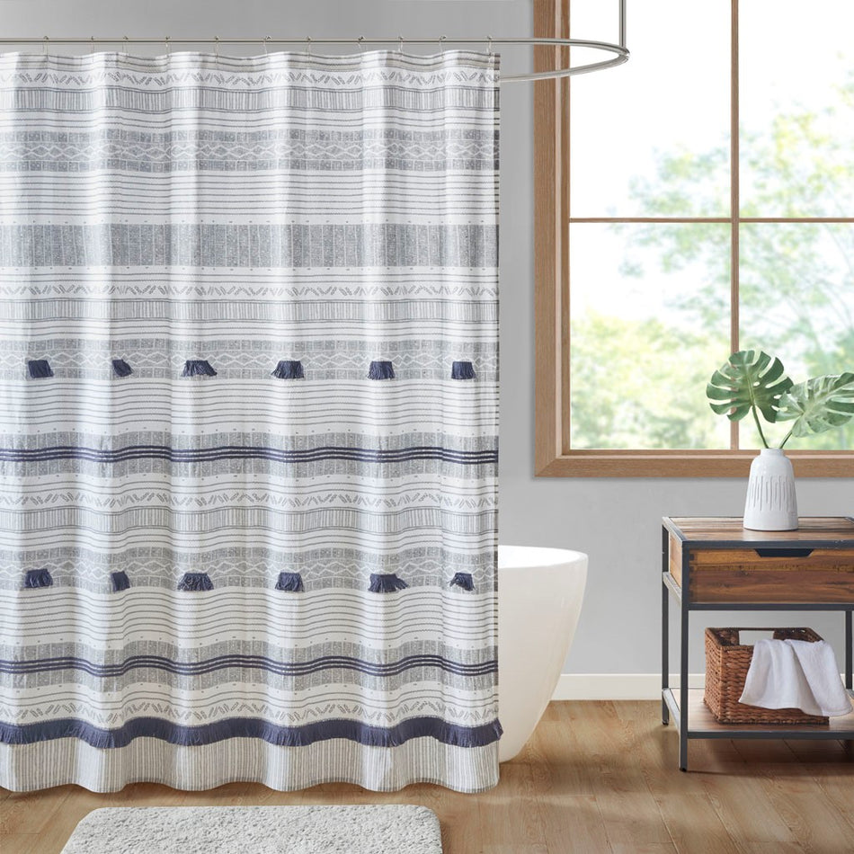 INK+IVY Cody Cotton Stripe Printed Shower Curtain with Tassel - Gray / Navy - 72x72"