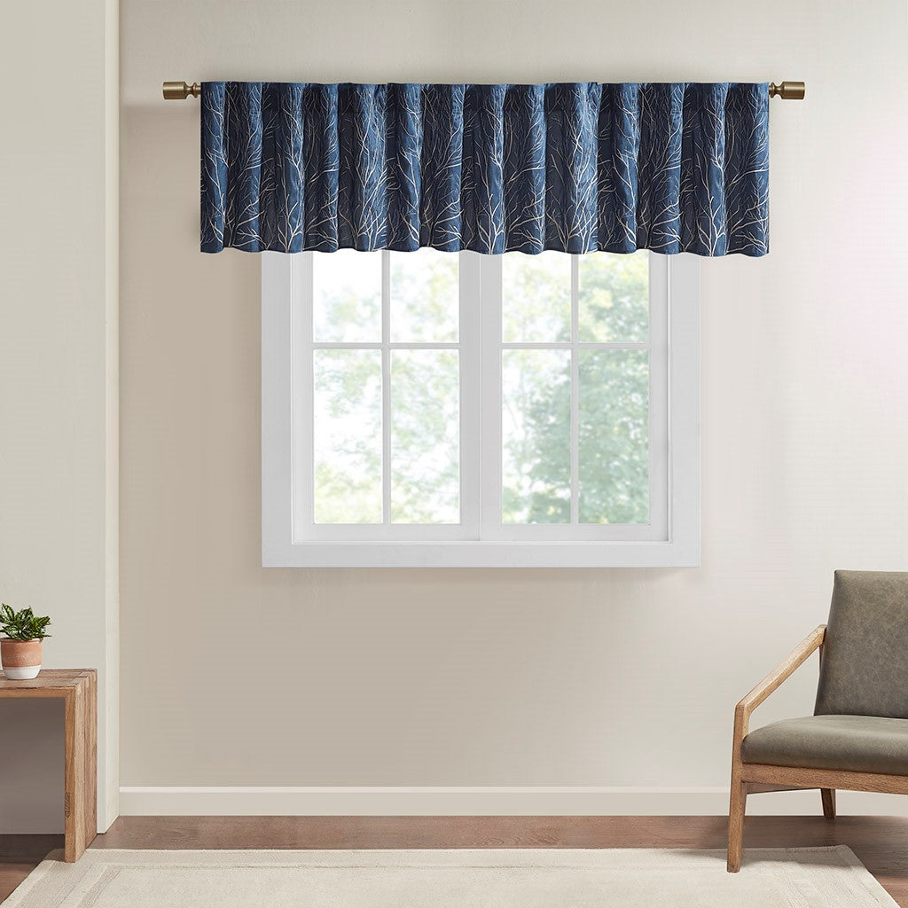 Madison Park Andora Faux Silk Embroidered Window Valance - Navy - 50x18"