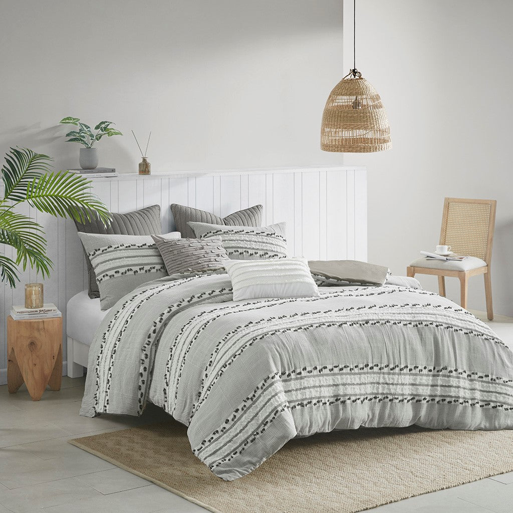 INK+IVY Lennon 3 Piece Organic Cotton Jacquard Comforter Set - Charcoal - King Size / Cal King Size