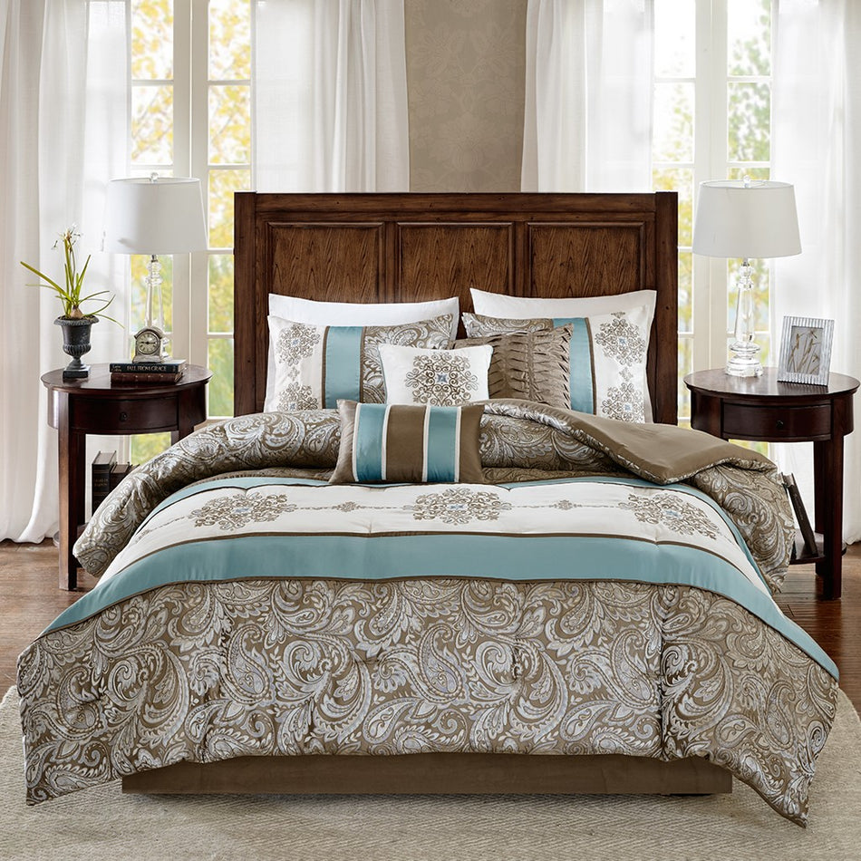 Caroline Jacquard 7 Piece Comforter Set - Blue - Cal King Size