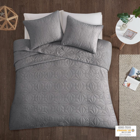 Urban Habitat Caden 3 Piece Cotton Quilt Set - Grey - King Size / Cal King Size