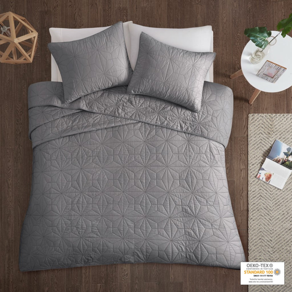 Urban Habitat Caden 3 Piece Cotton Quilt Set - Grey - King Size / Cal King Size