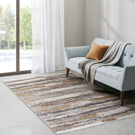 Madison Park Riley Watercolor Abstract Stripe Woven Area Rug - Blue / Tan - 6x9'