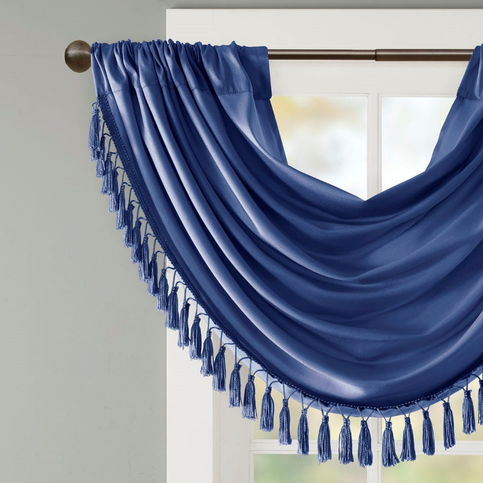 Elena Faux Silk Waterfall Embellished Valance - Navy - 38x46"