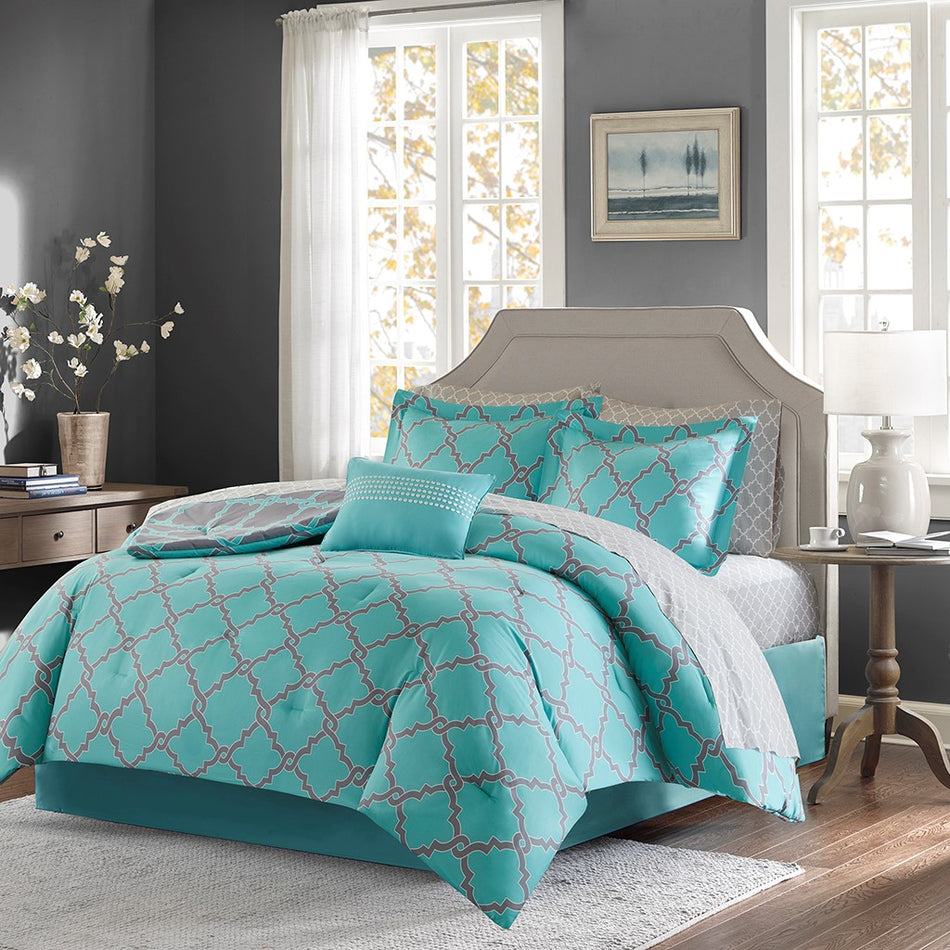 Madison Park Essentials Merritt Reversible Complete Comforter and Cotton Sheet Set - Aqua Grey  - Queen Size Shop Online & Save - expresshomedirectr.com