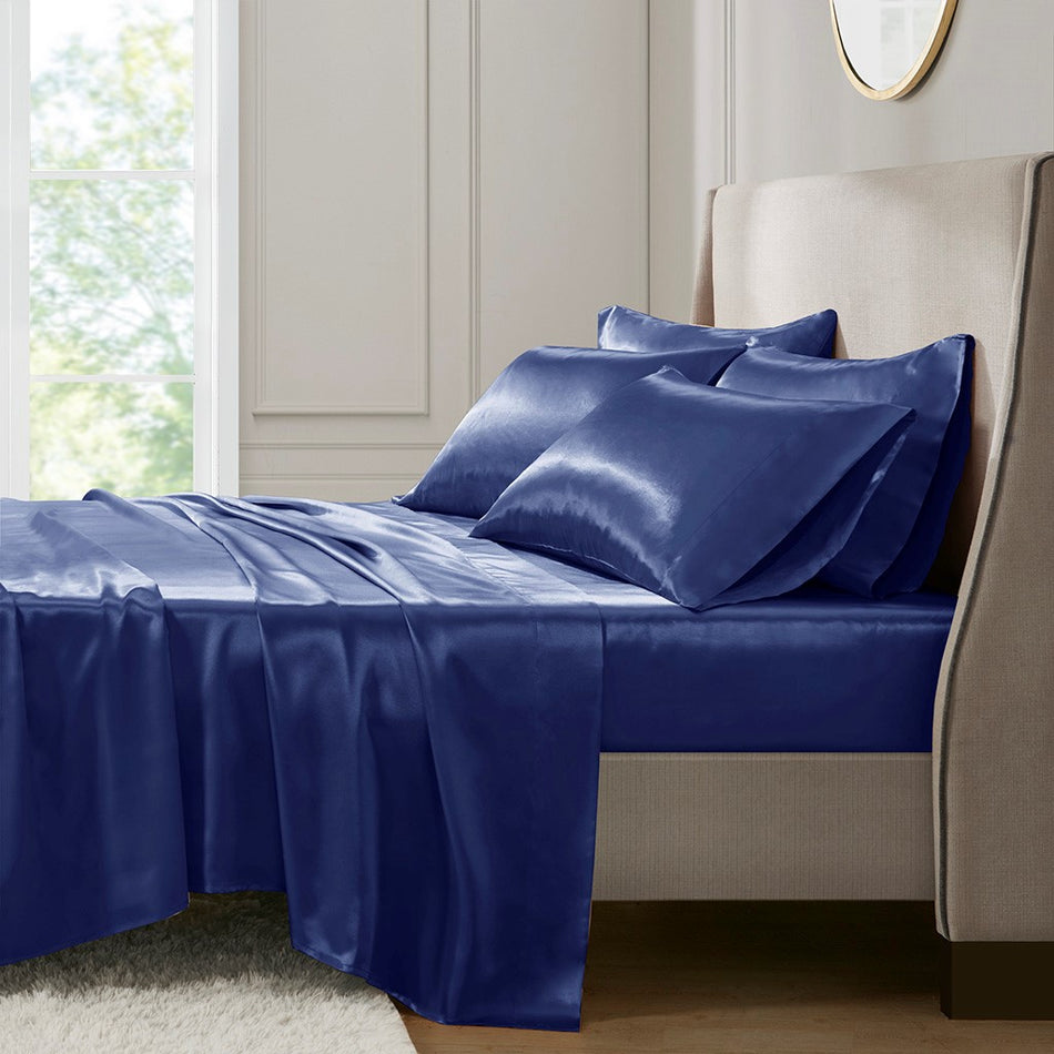 Satin Luxury 6 PC Sheet Set - Navy - Cal King Size