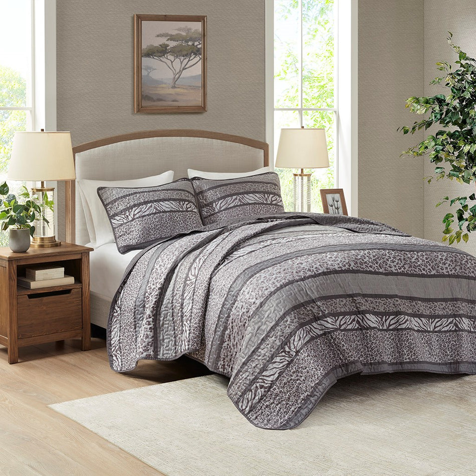 Seri 3 Piece Reversible Jacquard Coverlet Set - Gray - King Size / Cal King Size