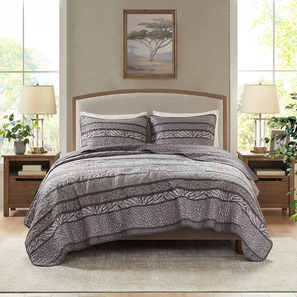 Madison Park Seri 3 Piece Reversible Jacquard Coverlet Set - Gray - King Size / Cal King Size