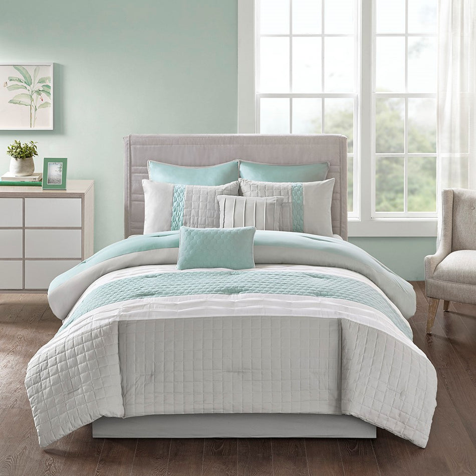 Tinsley 8 Piece Comforter Set - Seafoam / Grey - Queen Size