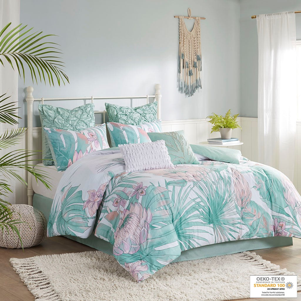 Madison Park Keilani 8 Piece Cotton Printed Comforter Set - Aqua - Cal King Size