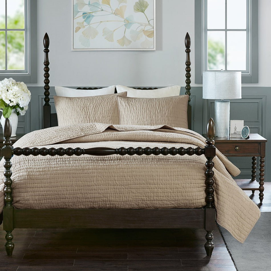 Serene 3 Piece Hand Quilted Cotton Quilt Set - Linen - King Size