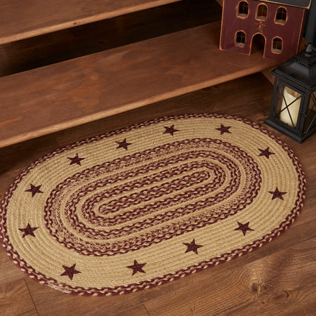 Mayflower Market Burgundy Tan Jute Rug Oval Stencil Stars w/ Pad 24x36 By VHC Brands