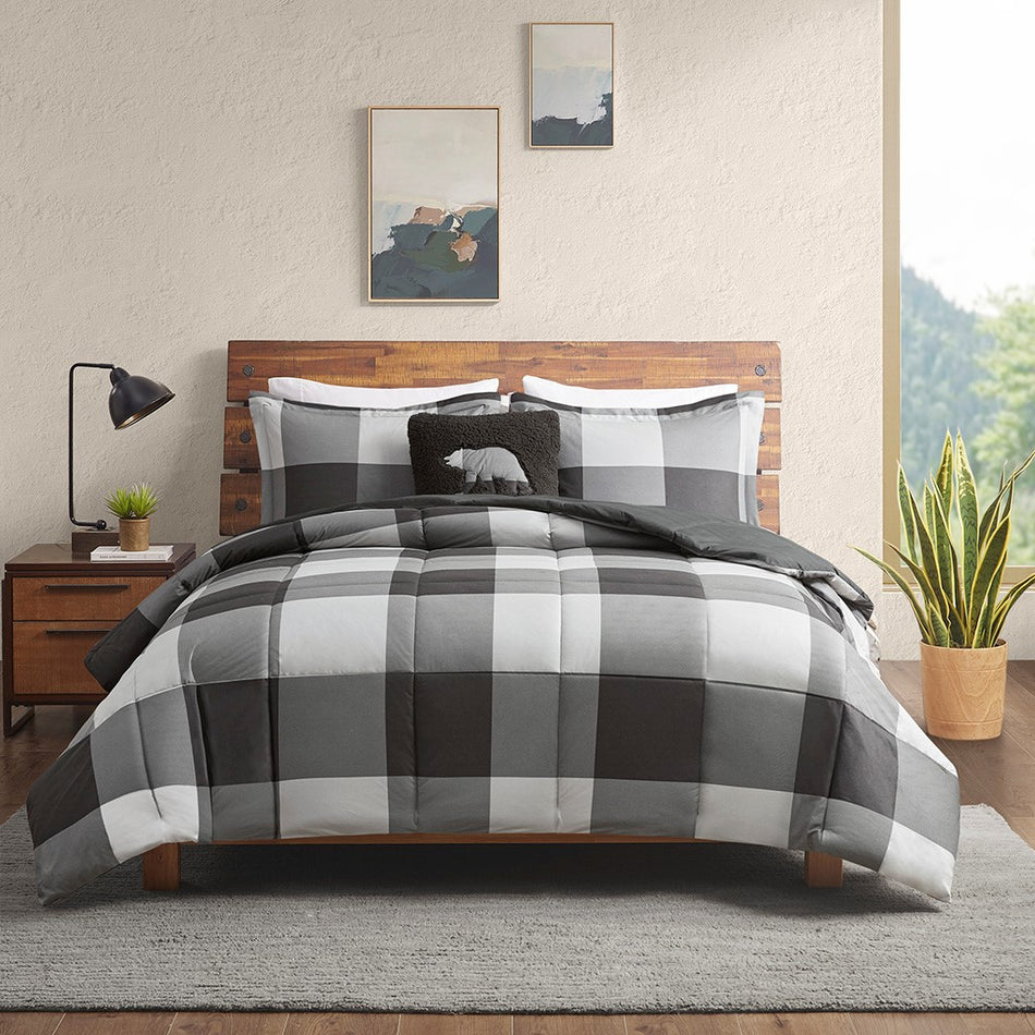 Hudson Valley Down Alternative Comforter Set - Grey / Black Buffalo Check - King Size