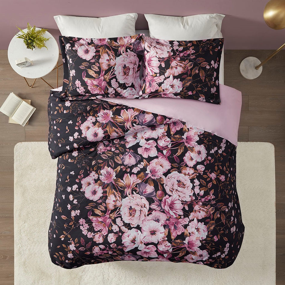 Gabriella Floral Printed Duvet Cover Set - Black - Full Size / Queen Size