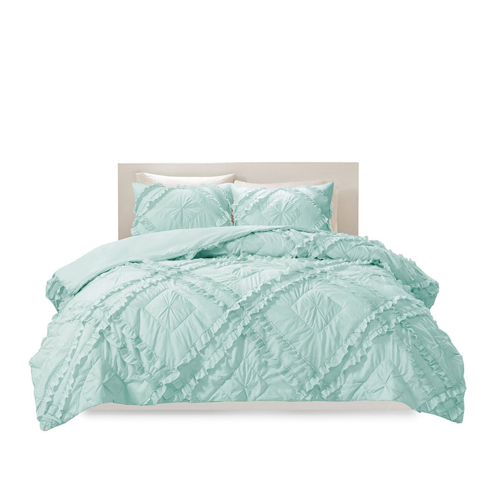 Kacie Solid Quilt Set With Tufted Diamond Ruffles - Aqua - Full Size / Queen Size