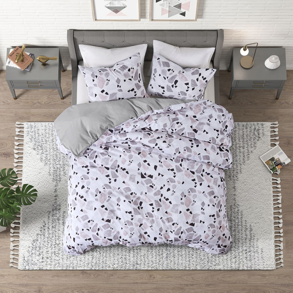 Terrazzo Cotton Printed Duvet Cover Set - Blush / Grey - King Size / Cal King Size