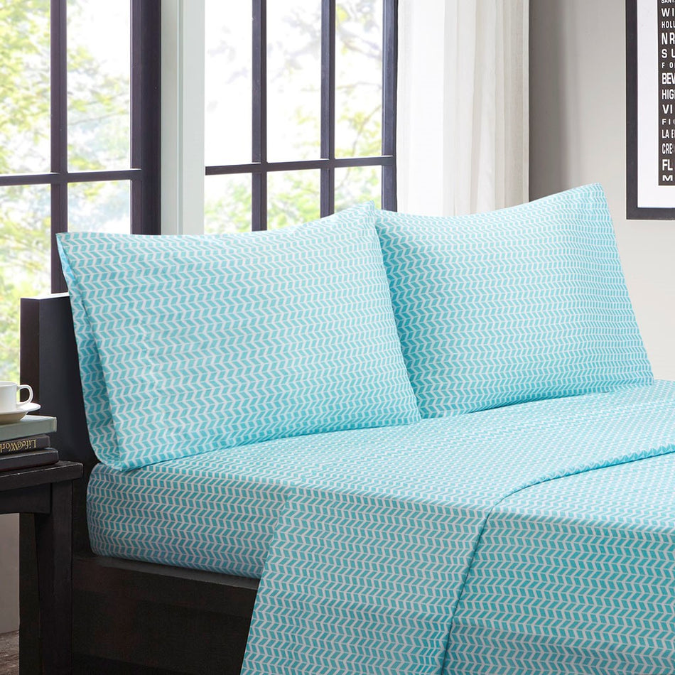 Chevron Printed Microfiber Sheet Set - Aqua - Queen Size