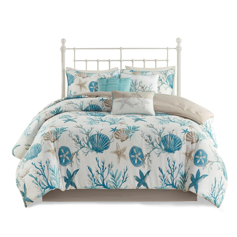 Pebble Beach 7 Piece Cotton Sateen Comforter Set - Aqua - Cal King Size