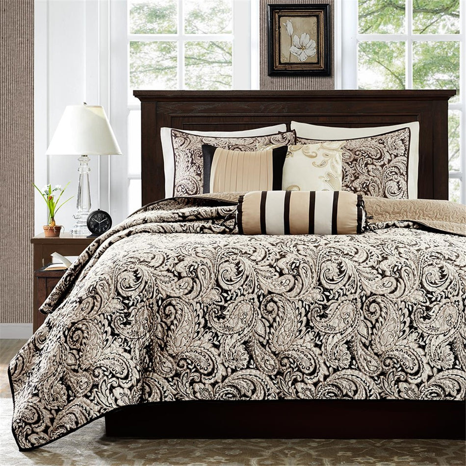 Aubrey 6 Piece Jacquard Quilt Set with Throw Pillows - Black - King Size / Cal King Size