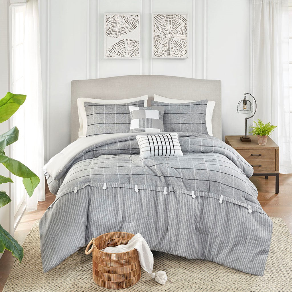 Madison Park Bryson 5 Piece Faux Linen Jacquard Comforter Set - Gray  - Full Size / Queen Size Shop Online & Save - expresshomedirectr.com